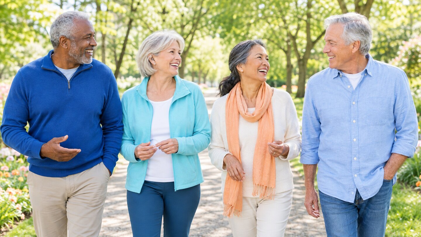 Four older friends enjoying a bright outdoor conversation.