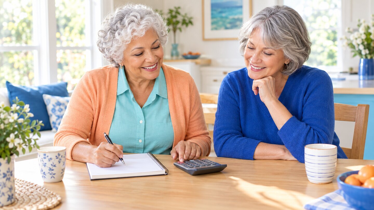 Two older adults confidently planning household questions together.