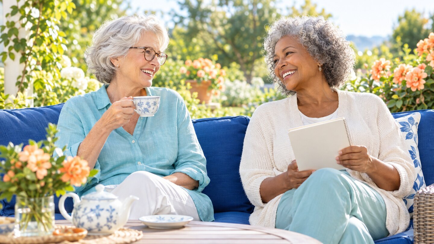 Two older friends sharing a relaxed garden conversation.