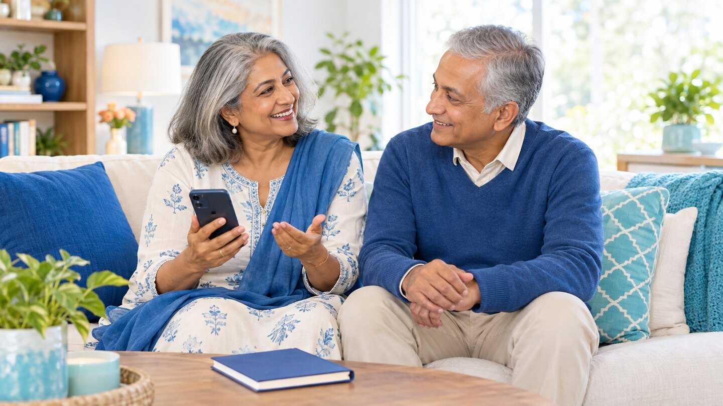 Older couple calmly discussing a phone call together.