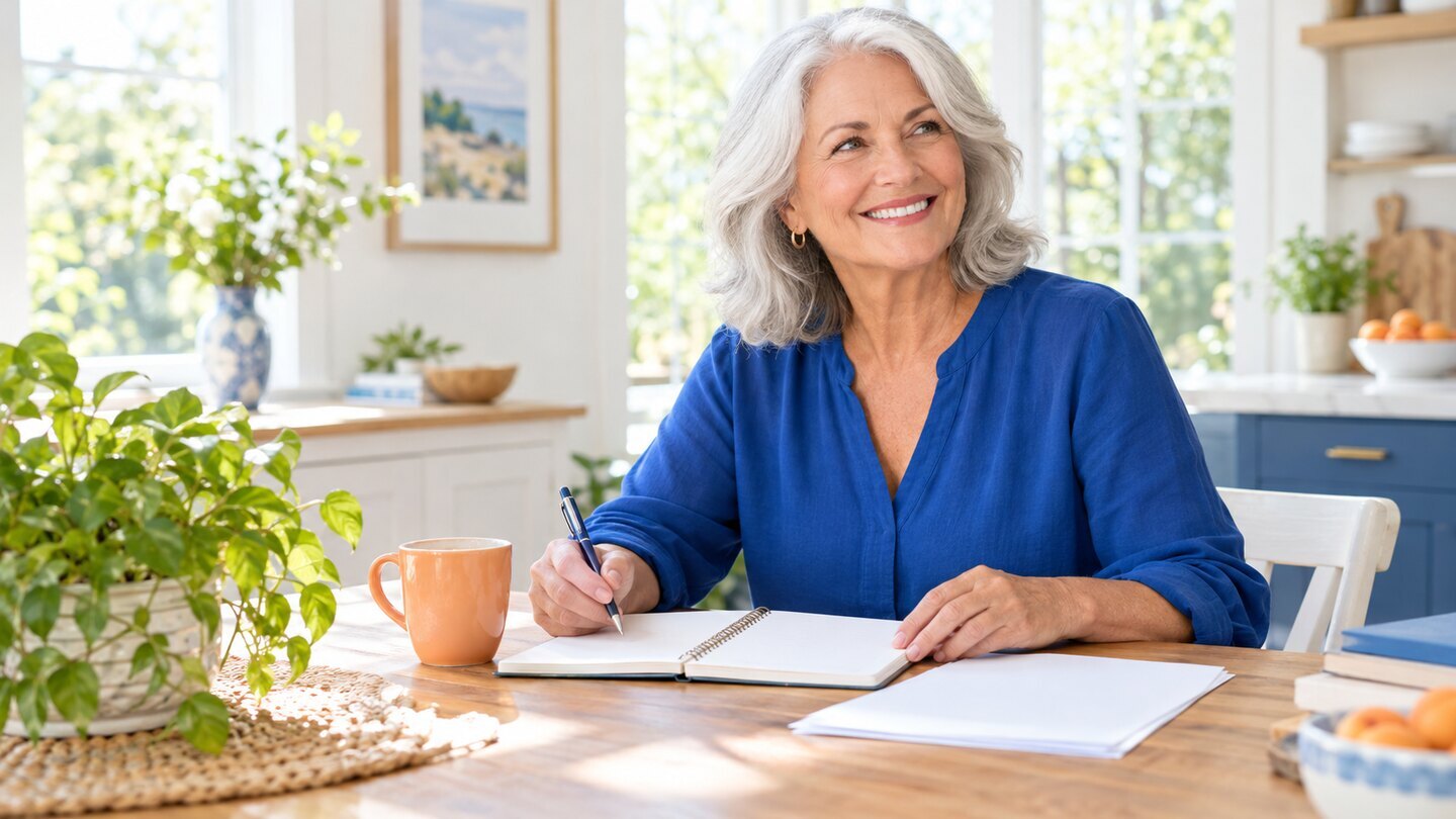 Smiling older woman organizing a simple planning notebook.