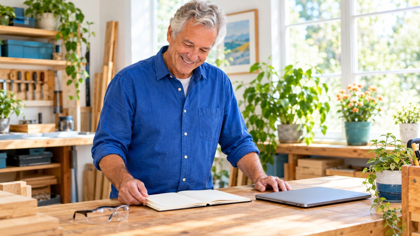 Mature adult planning his schedule in a bright workspace.